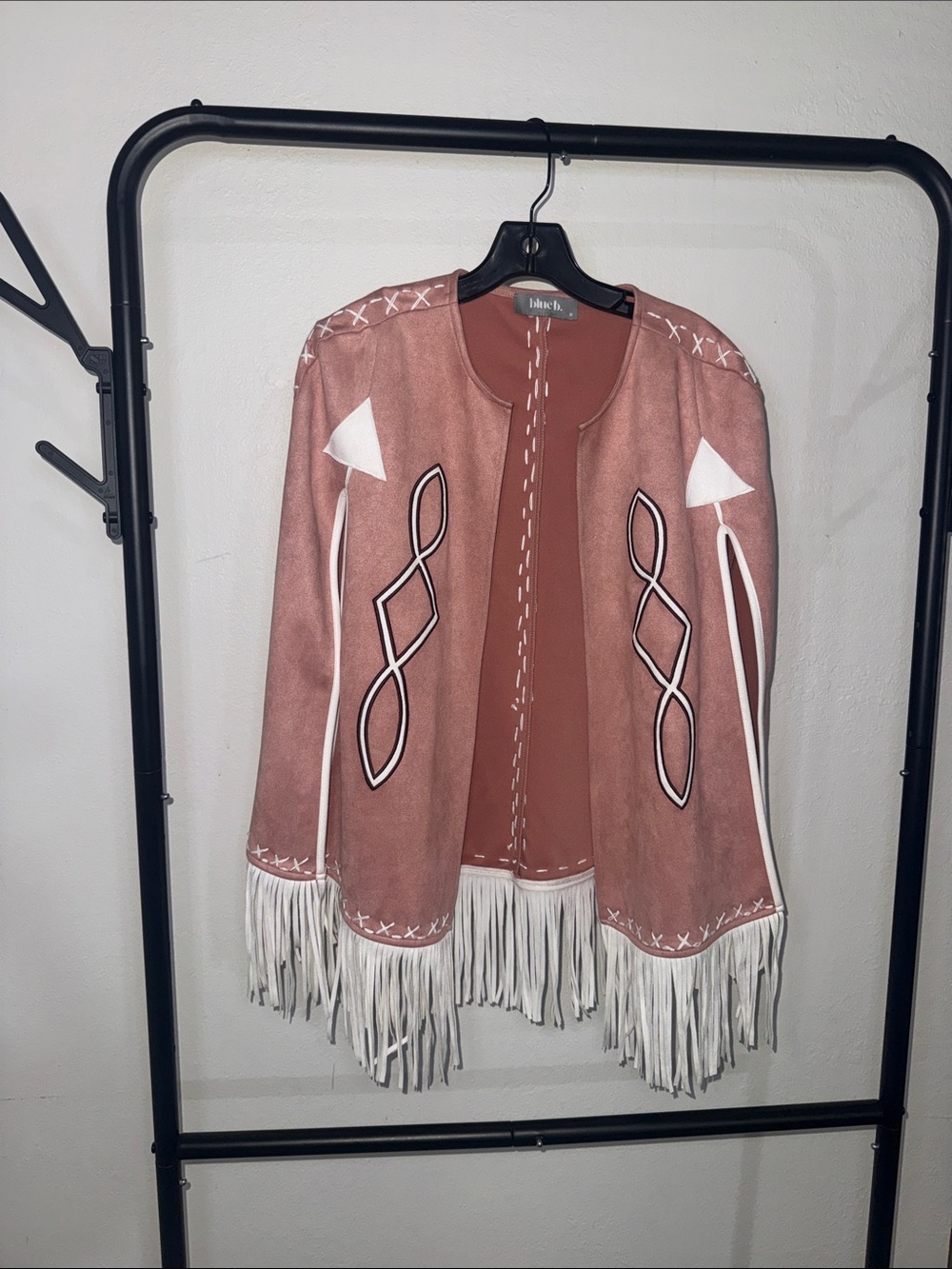 Suede-Style Rose Pink Fringe Open Cardigan by Jones New York